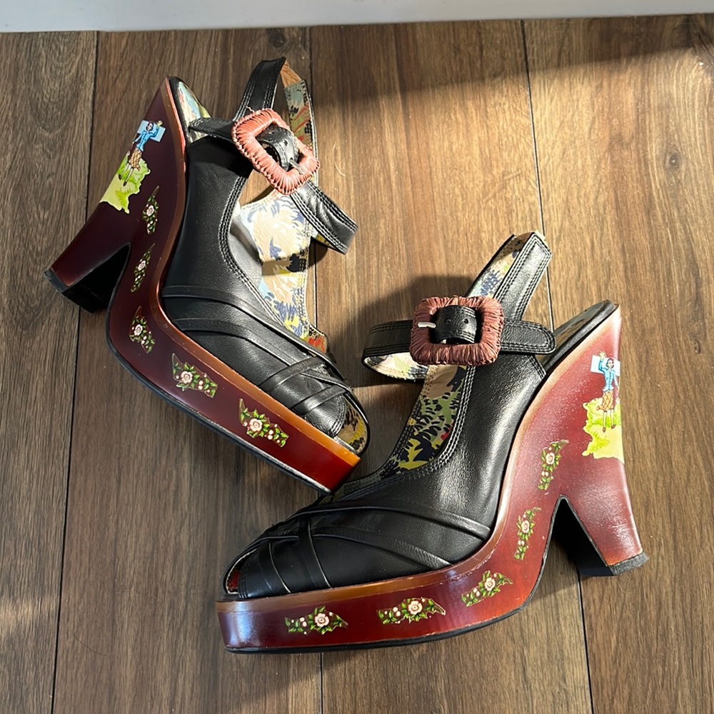 Miss L Fire Wooden Platform Peep Toe Slingback Pumps